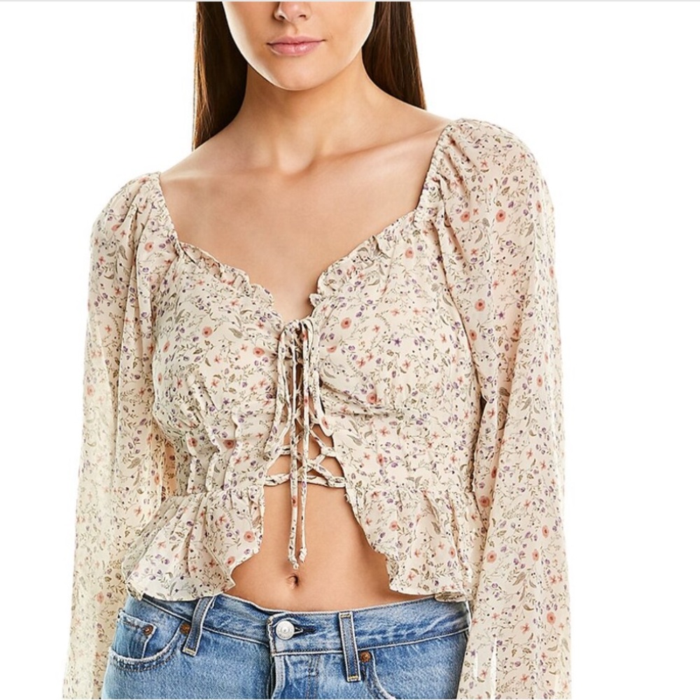 Aidan Lace Up Crop Top in Ivory Multi, Size Small